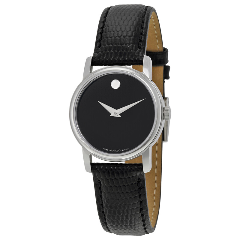 Movado Museum Black Dial Black Leather Strap Ladies Watch 2100004