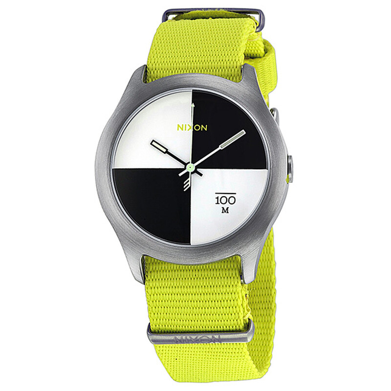 Nixon Quad Black and White Dial Neon Yellow Canvas Strap Men's