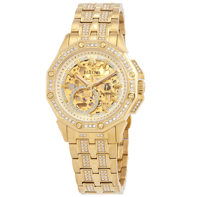 Open Box - Bulova Octava Automatic Crystal Gold Skeleton Dial Men's Watch 98A292 - 546x546