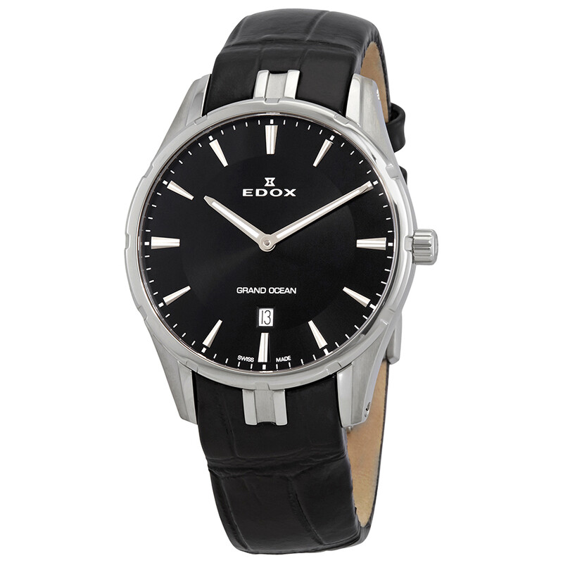 Edox Open Box - Edox Grand Ocean Quartz Black Dial Black Leather