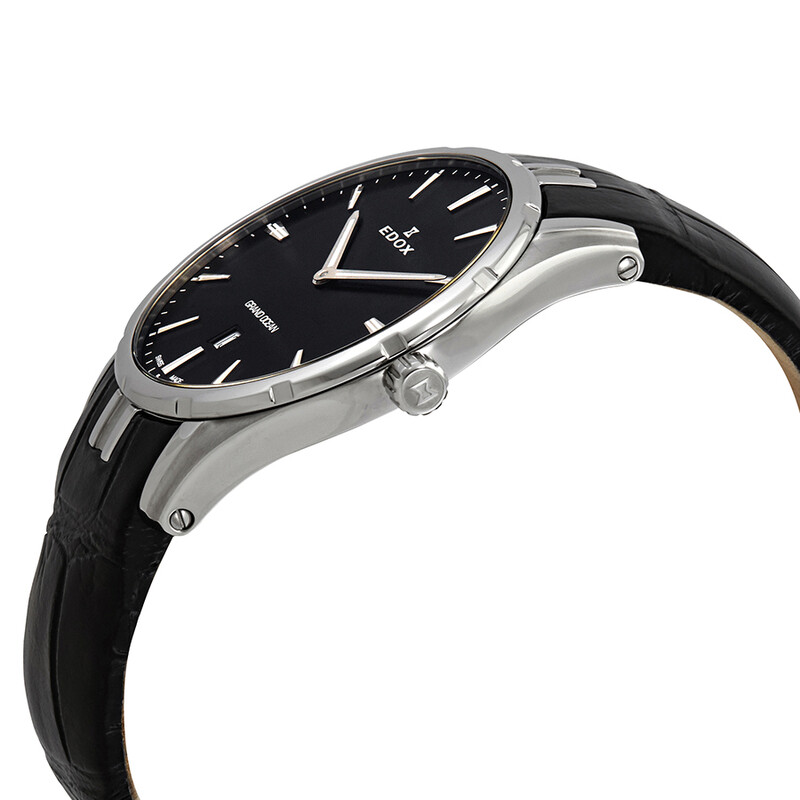 Edox Open Box - Edox Grand Ocean Quartz Black Dial Black Leather