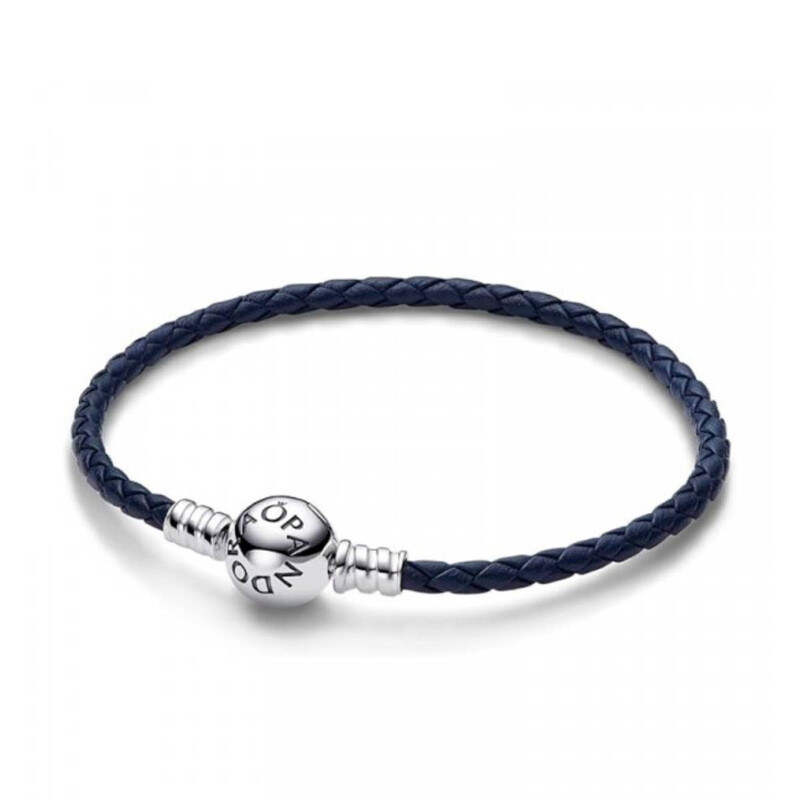 Pandora Moments Round Clasp Blue Braided Leather Bracelet