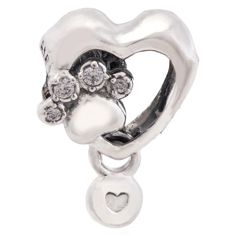 Pandora Paw Heart Sterling Silver Charm With Clear Cubic Zirconia