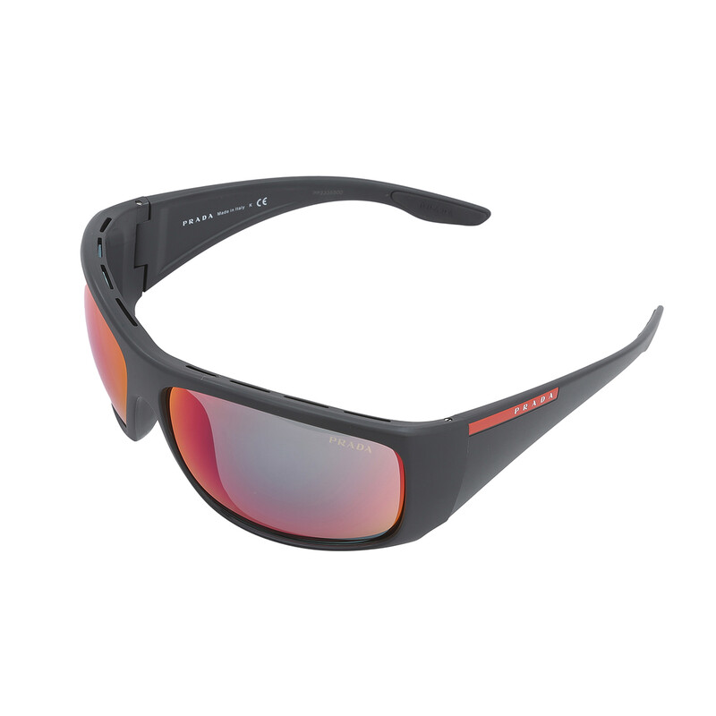 Prada Linea Rossa Dark Grey Mirror Blue/Red Wrap Men's Sunglasses