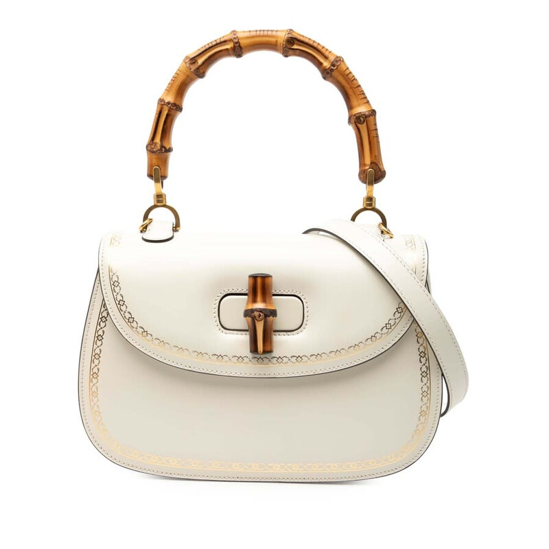 む*ぎ様 GUCCI レザー　ハンドバッグ　GGパターン　ライトベージュ　スーキ Gucci Pre-owned Gucci Calfskin Frame Print Bamboo Top Handle Bag
