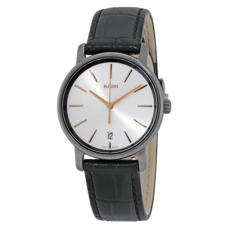 Rado DiaMaster Quartz Silver Dial Black Leather Ladies Watch