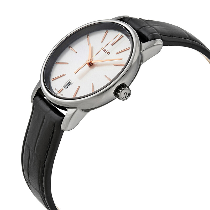 Rado DiaMaster Quartz Silver Dial Black Leather Ladies Watch