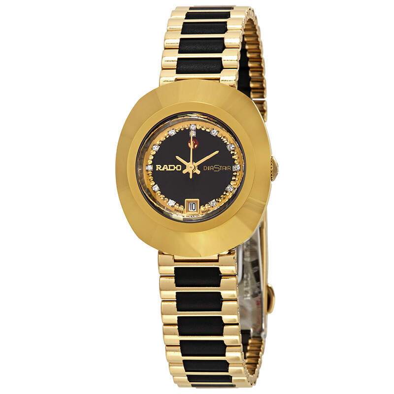 不動 RADO クォーツ ストーンベゼル ゴールド 黒文字盤 レディース腕時計 Rado Original Automatic Black Simili Stone Dial Ladies Watch