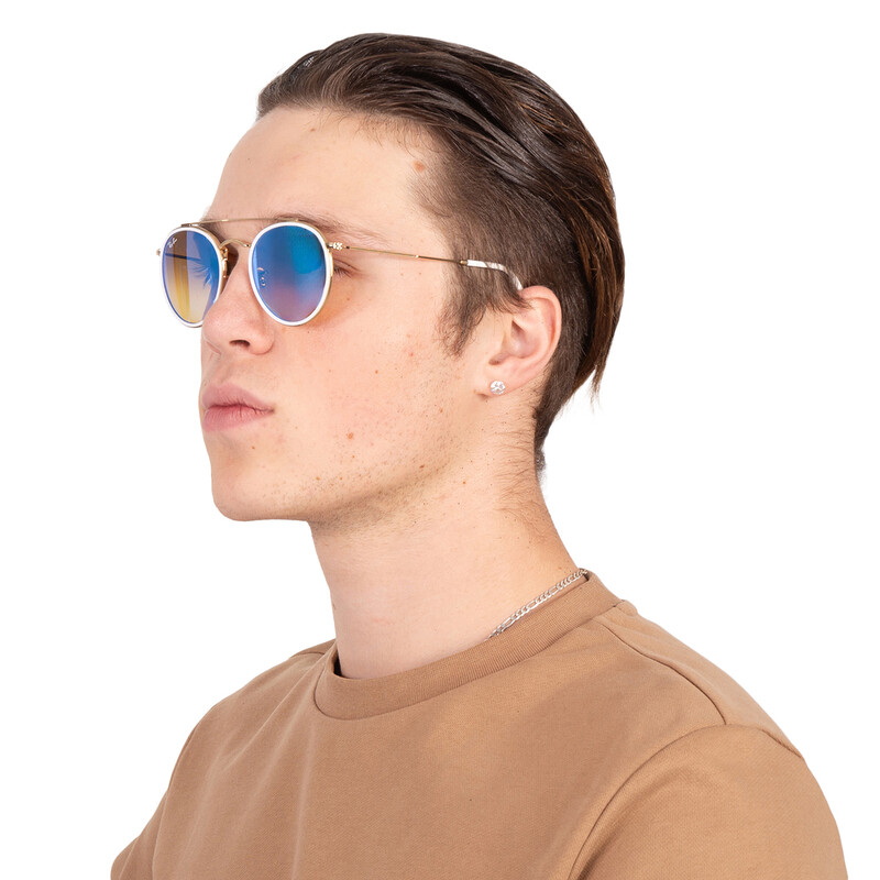 Ray-Ban Round Double Bridge Sunglasses with Blue Flash Lenses New Ray Ban Round Double Bridge RB3647-N 3647 White Blue  main image 2