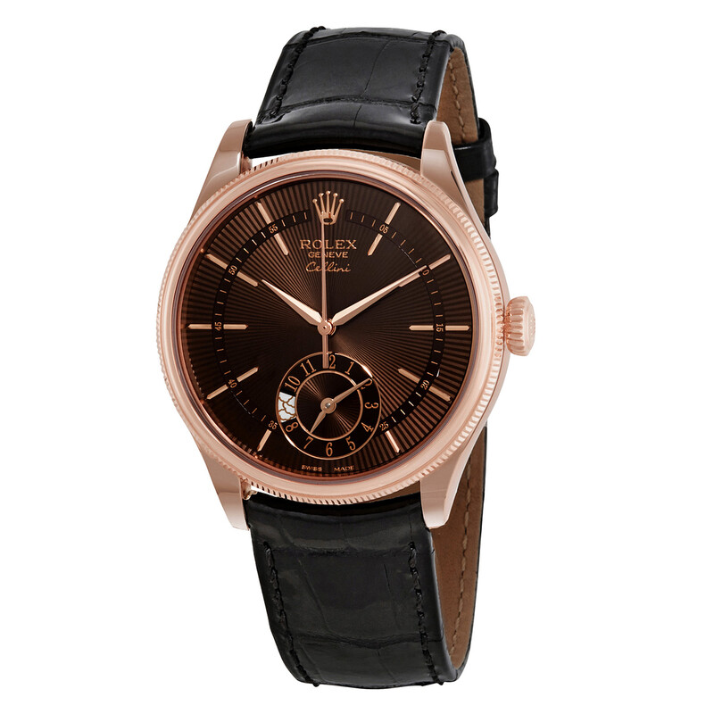 Rolex Cellini Dual Time Automatic Brown Dial Men's Leather Watch
