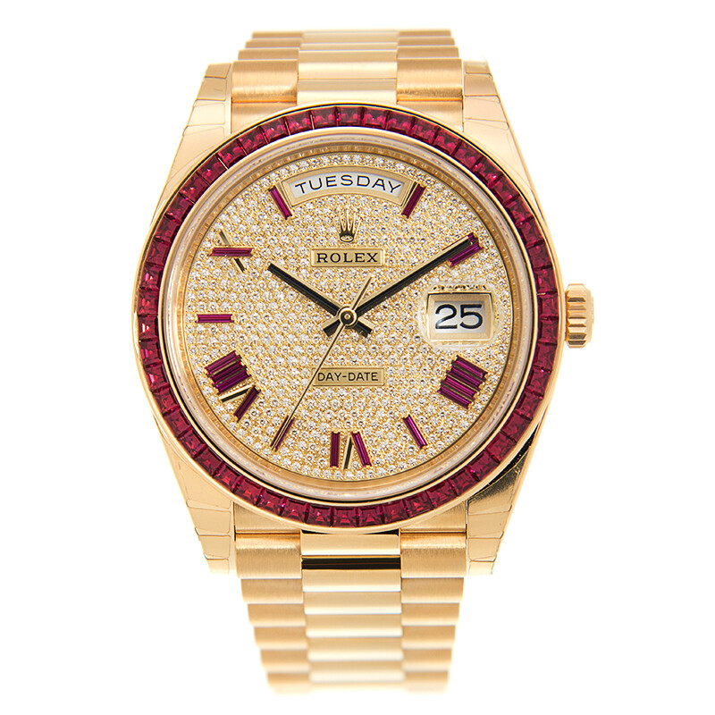 Rolex Day-Date 40 Diamond Pave W/ Red Sapphire Bezel Men's Watch