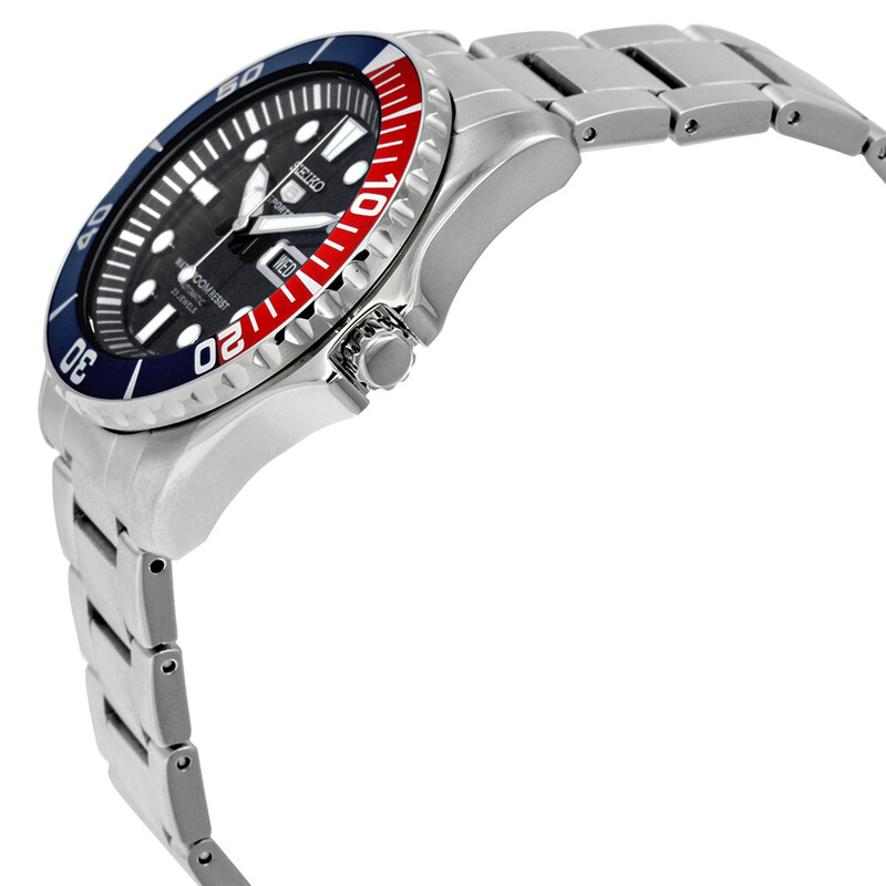 Seiko 5 Dark Blue Dial Diver Stainless Steel Automatic Pepsi Bezel 