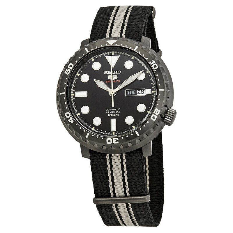 Seiko 5 Sport Automatic Black Dial Black & White Nylon Men's Watch