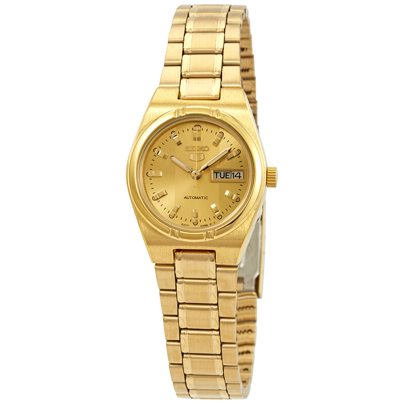 seiko ladies gold dress watch 30mm Ladies' Seiko Essentials Watch with a Champagne Dial and Gold-Tone Bracelet