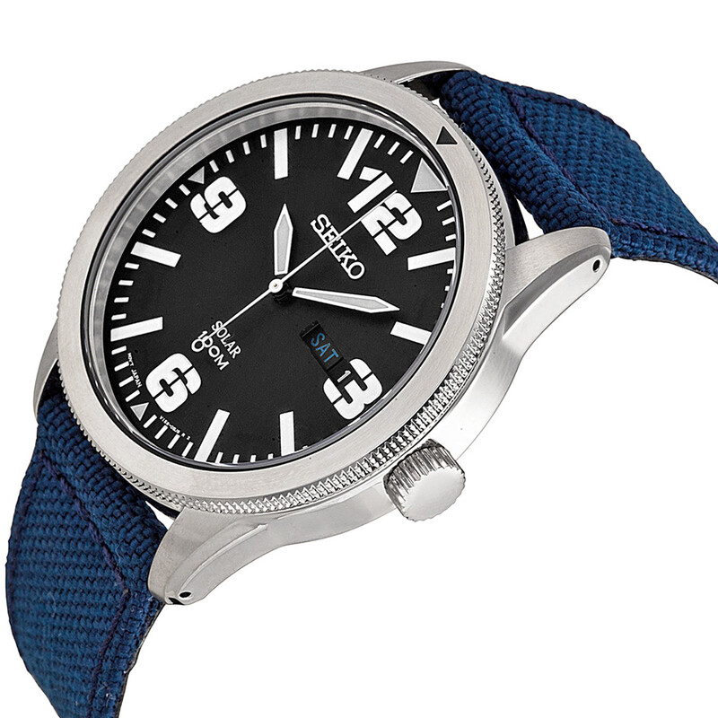 Seiko Solar Black Dial Blue Nylon Men's Watch SNE329 029665173348