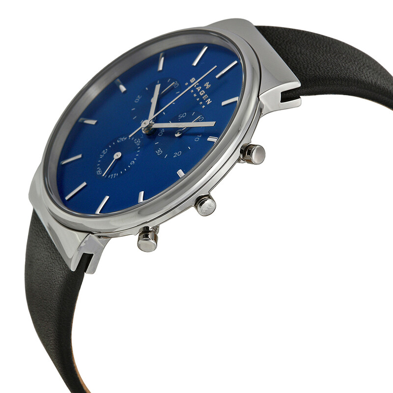 Skagen Ancher Chronograph Blue Dial Black Leather Men's Watch