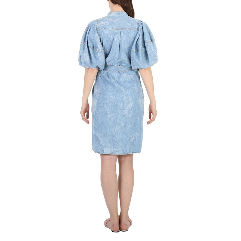 Stella McCartney Crinkle Blue Denim Puff Sleeve Dress, Brand Size