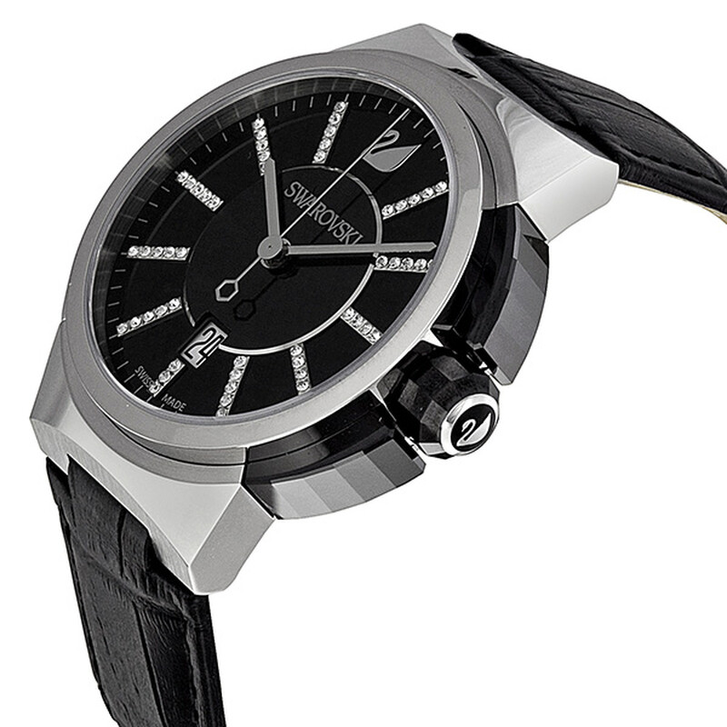 Swarovski Piazza Grande Black Dial Calfskin Leather Strap Quartz