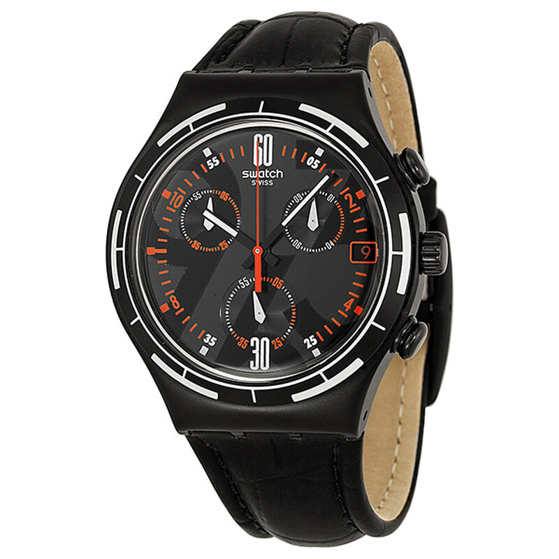 Swatch Irony Eruption Black Dial Chronograph Black Leather Men's