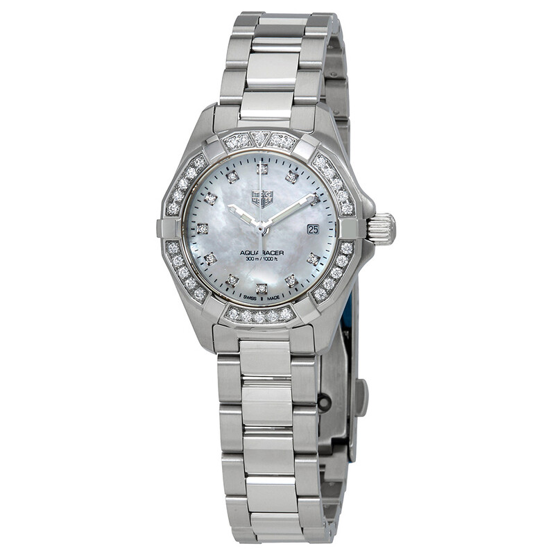 電池交換済 TAG Heuer タグホイヤー アクアレーサー WBD1415 BA0741 デイト 300m防水 白 ホワイト シェル 純正ダイヤモンド 11Pダイヤ ダイヤベゼル SS ステンレス レディース クォーツ【6ヶ月保証】【腕時計】【中古】 TAG Heuer - 電池交換済 TAG Heuer タグホイヤー アクアレーサー