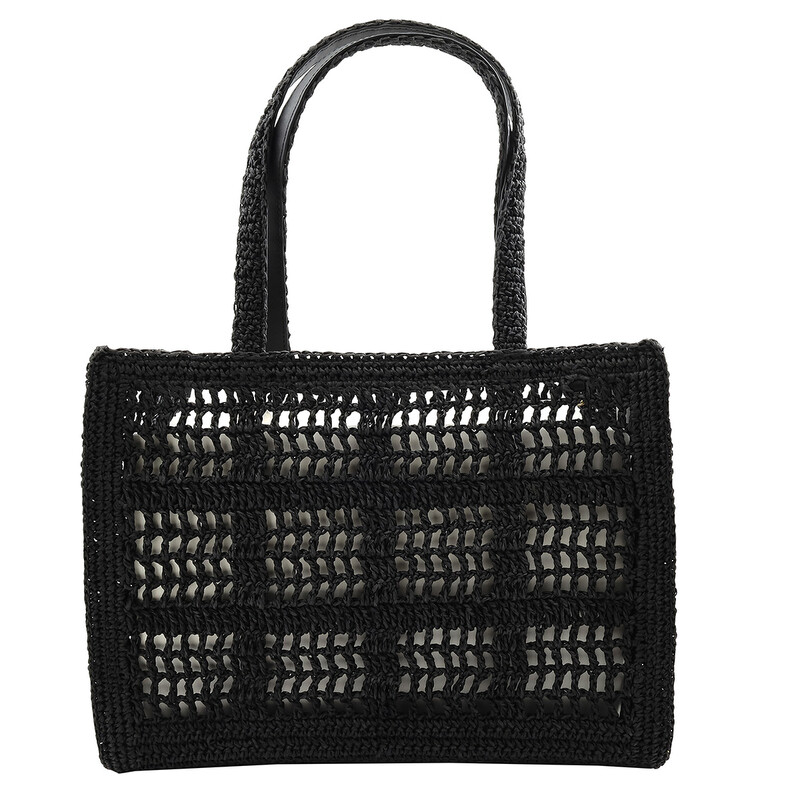 Tory Burch 黒 編み込みプールトートバッグ Tory Burch Black Small Hand-Crochete Ella Tote Bag 158040-001