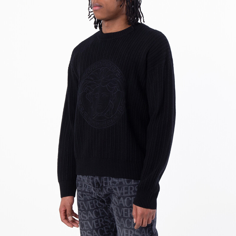 Versace Cable Knit Medusa Embroidered Sweater, Brand Size 50 ( US