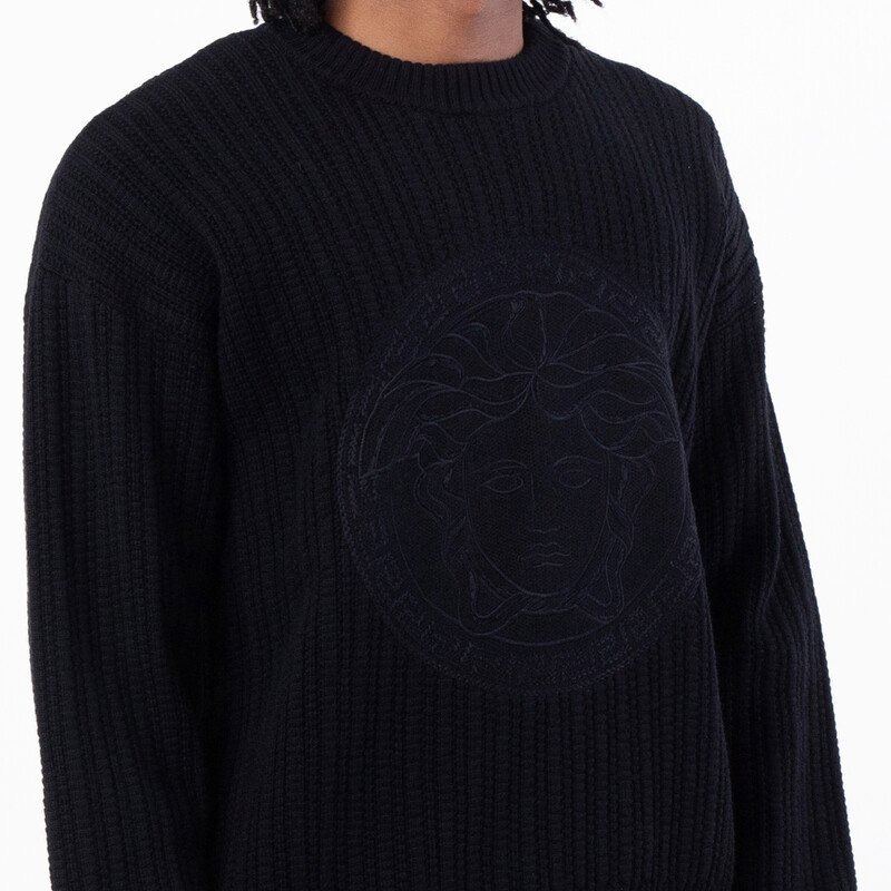 VERSACE ヴィンテージ ニット メデューサ オールド アーカイブ 黒 Versace Cable Knit Medusa Embroidered Sweater, Brand Size 50 ( US