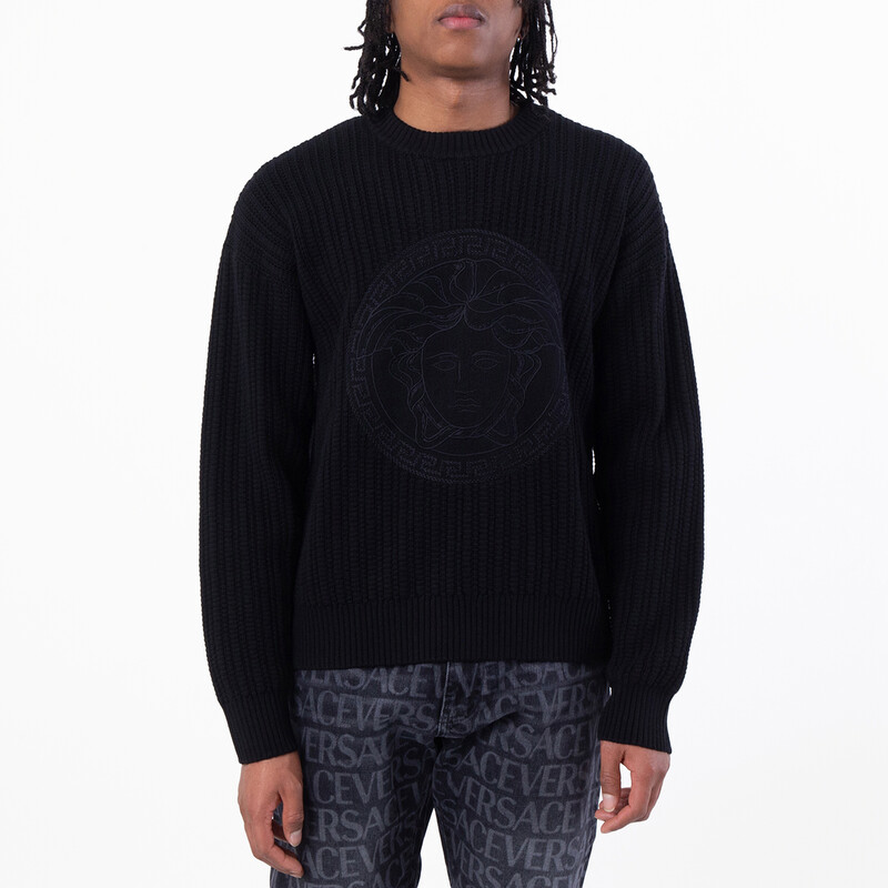 Versace Cable Knit Medusa Embroidered Sweater, Brand Size 50 ( US