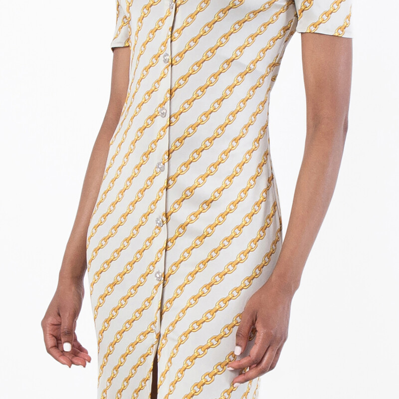 white dress with gold stripes Versace Chain Fitted Midi Shirt Dress, Female, Print, 44 party-season