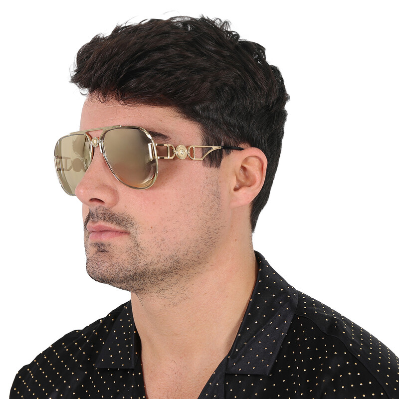 Versace Clear Mirrored Real Yellow Gold Pilot Unisex Sunglasses