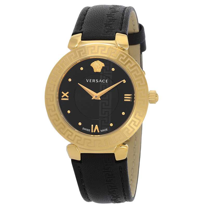 Versace Black Dial Gold-Tone Bezel Black Leather Strap Watch VINTAGE VERSACE BLACK LEATHER WATCH – Panahon Designs main image 2