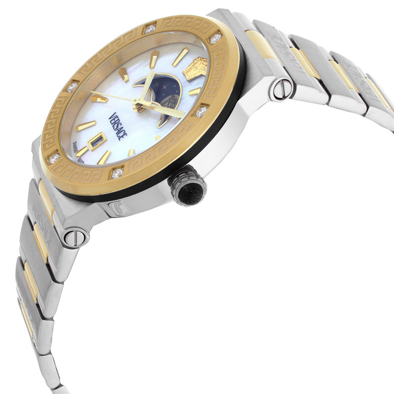 Versace Greca Logo Moonphase Diamond Watch Two Tone Womens Versace V-Galaxy Moonphase White Guilloche Dial Two-Tone  main image 3