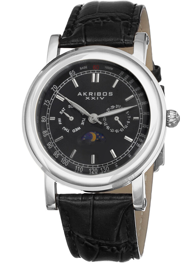 Akribos Black Dial Stainless Steel Black Leather Men's Watch AK632SSB