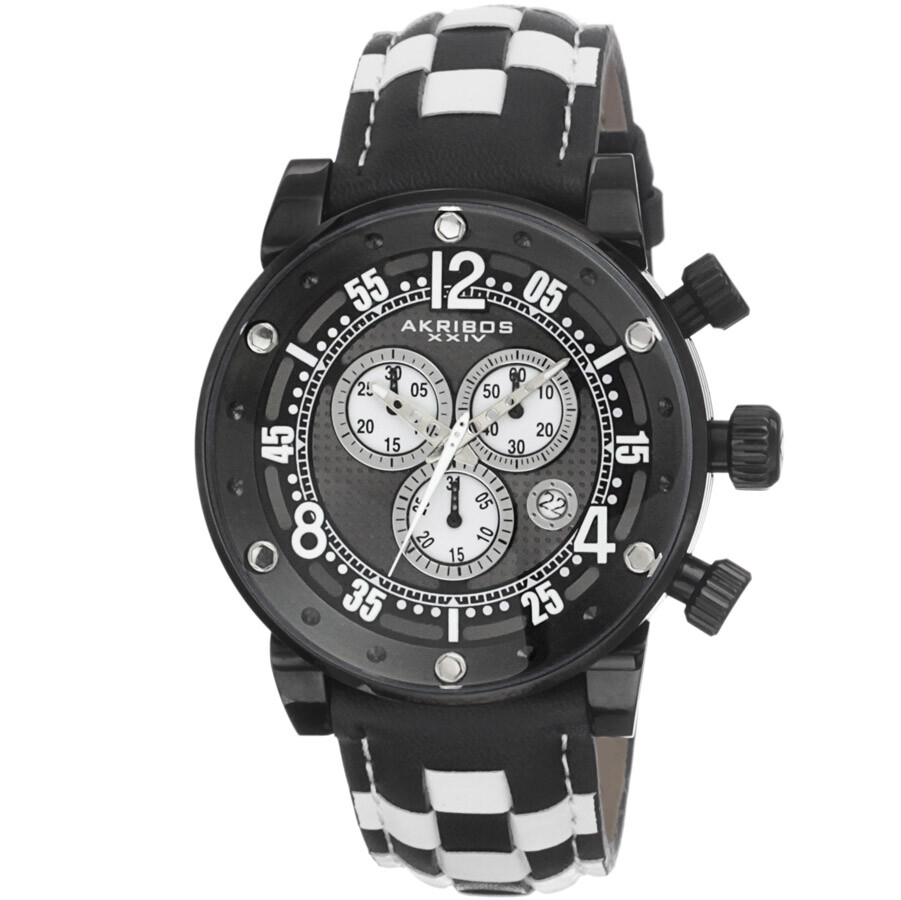 Akribos XXIV Explorer Chronograph Steel Black and White Checkered Leather Strap Watch AK612BK