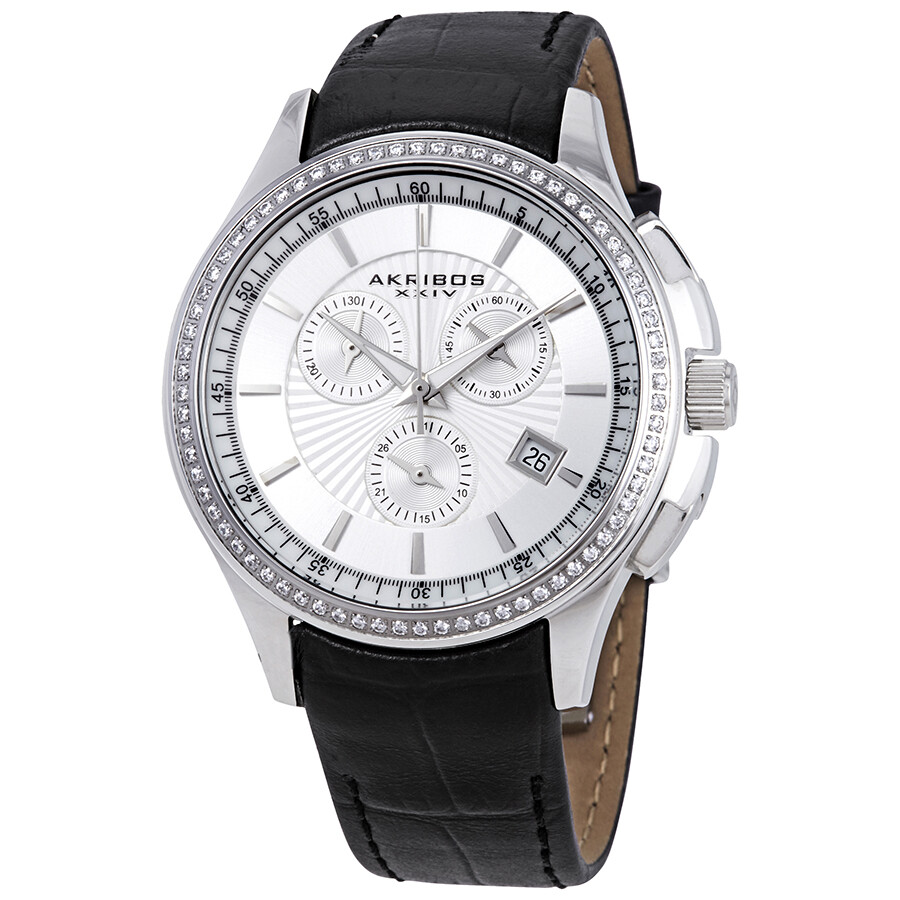 Akribos XXIV Grandiose Crystal Chronograph Steel Black Leather Men's Watch AK615SS
