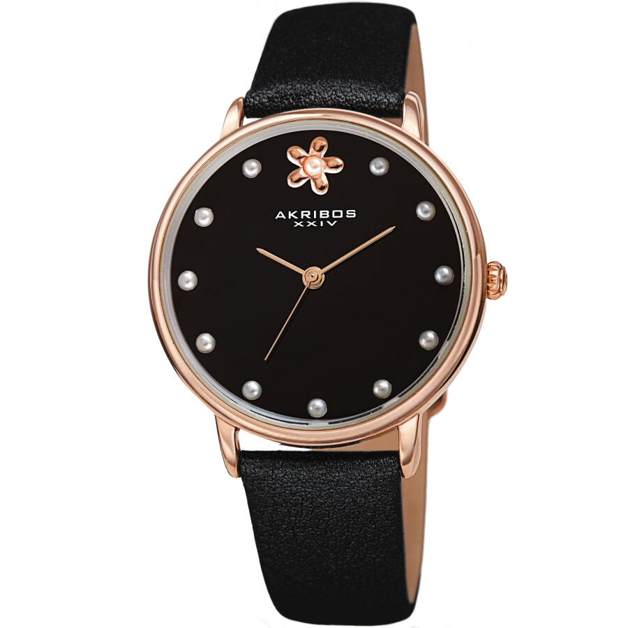 Akribos XXIV Quartz Black Dial Black Leather Ladies Watch AK1084BK