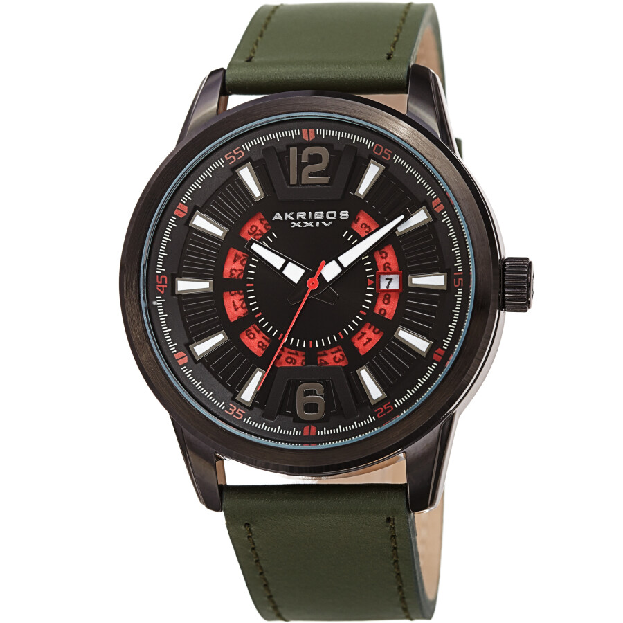 Akribos XXIV Quartz Black Dial Green Leather Men's Watch AK1079BKGN