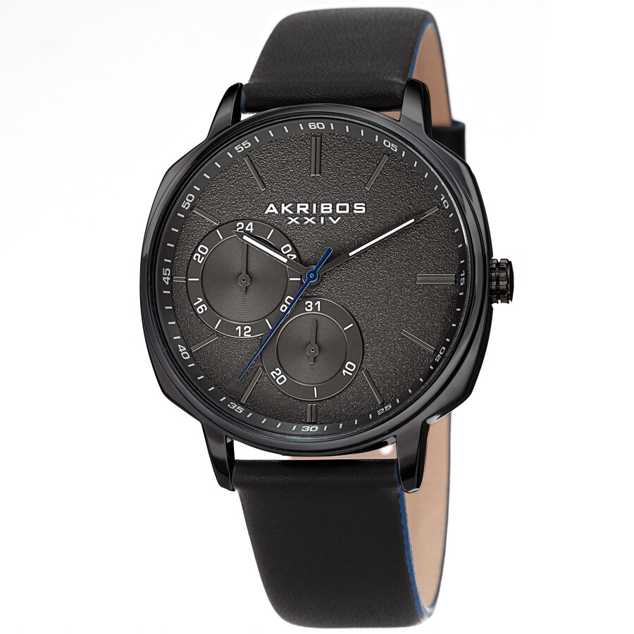 Akribos XXIV Quartz Grey Dial Black Leather Men's Watch AK1022BK
