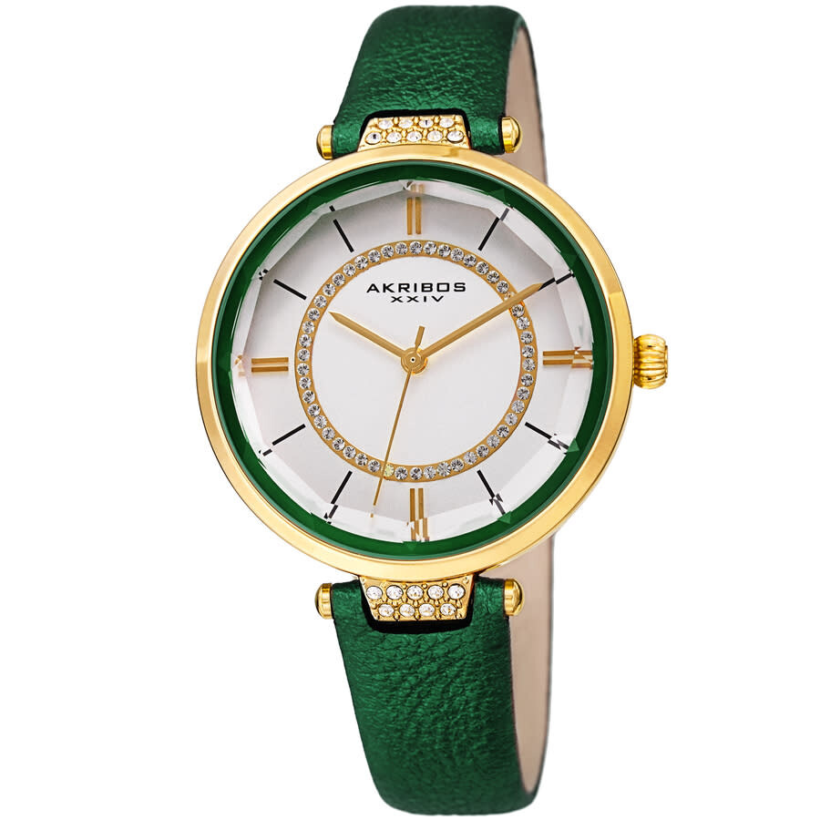 Akribos XXIV Quartz White Dial Green Leather Ladies Watch AK1116GN