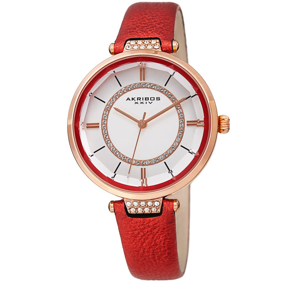 Akribos XXIV Quartz White Dial Red Leather Ladies Watch AK1116RD