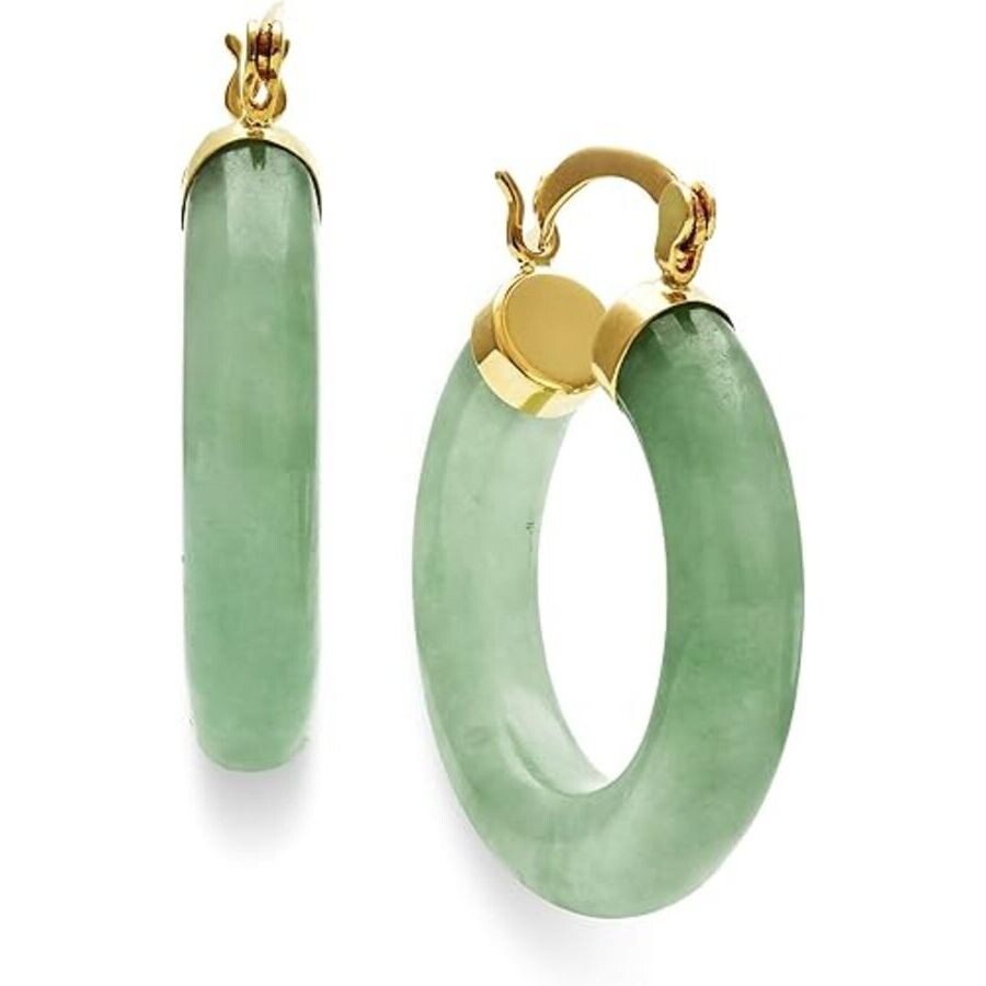 Belacqua Natural Green Jade Hoop Earrings in 14K Yellow Gold, Hinge and Notched Post, 1'' Diameter,  Gift Box Included