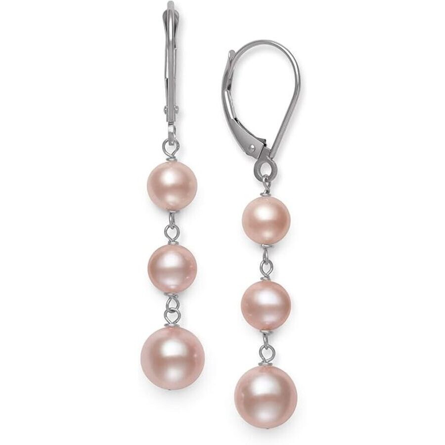 Belacqua Pink Cultured Freshwater Real Pearl Dangle Drop Earrings in 14K White Gold, Leverback - Closure, 1.5 Inches Length