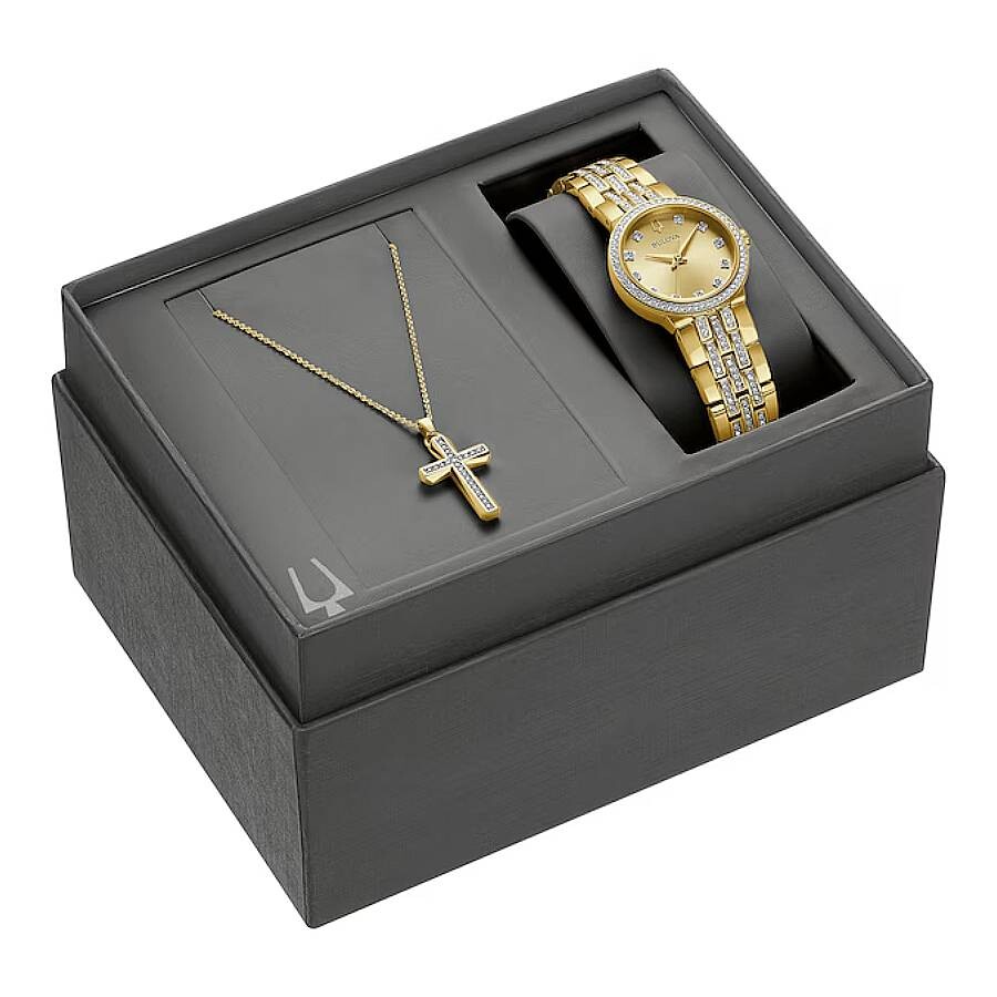Bulova Crystal Collection Quartz Champagne Dial Ladies Watch & Cross Gift Set 98X133
