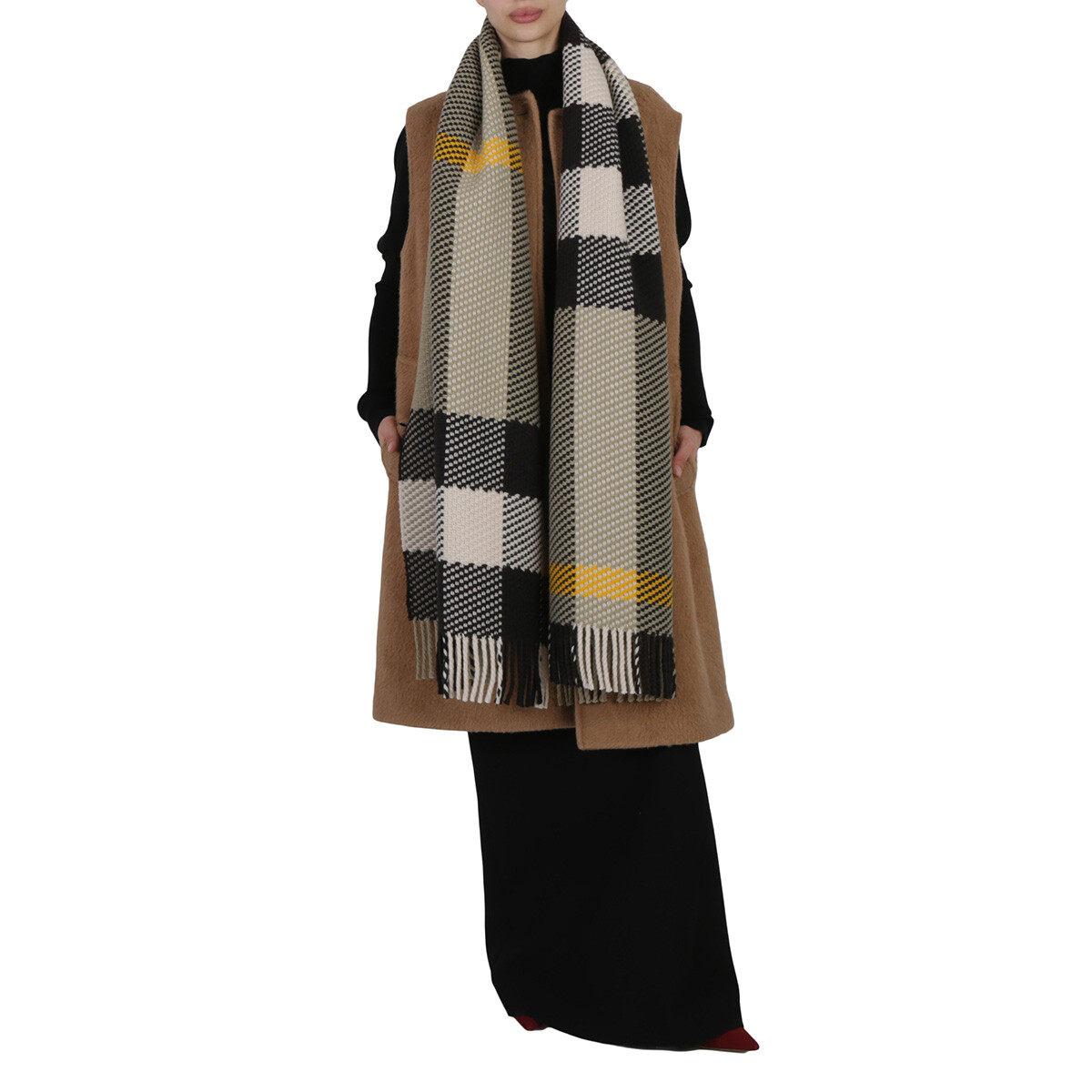 Burberry Archive Beige Half Mega Check Fringed Cashmere Scarf