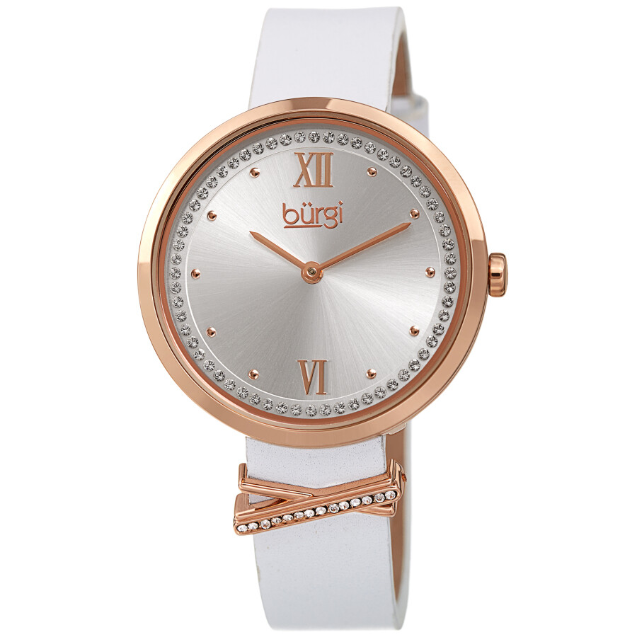 Burgi Quartz Silver Dial White Leather Ladies Watch BUR264WT