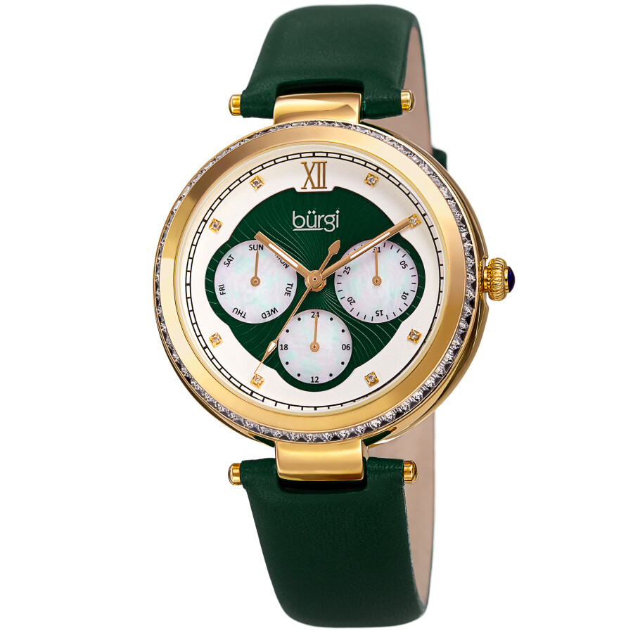 Burgi Quartz White Dial Green Leather Ladies Watch BUR182GN