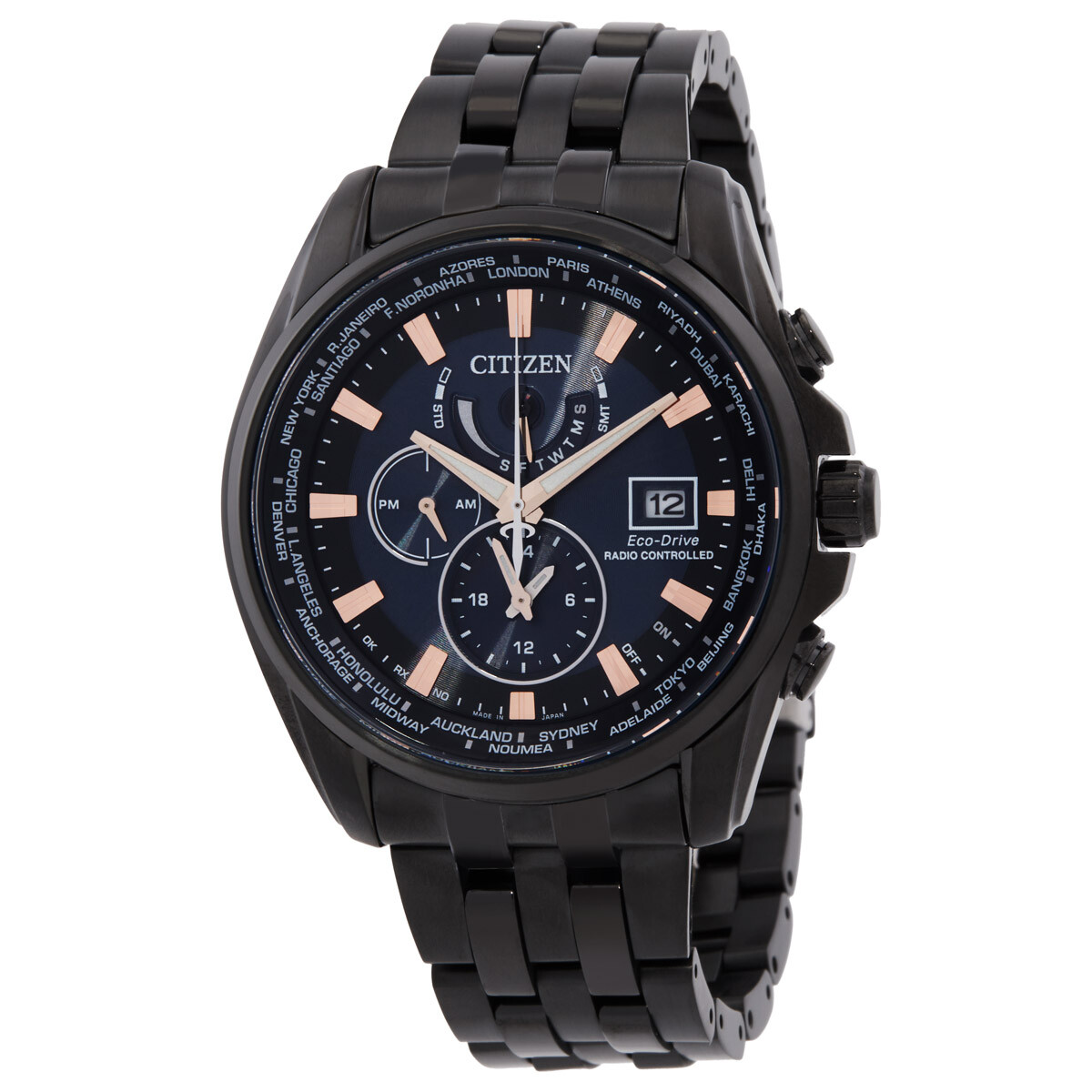 Citizen Eco-Drive Perpetual Alarm World Time GMT Black Dial Men's Watch AT9039-51L