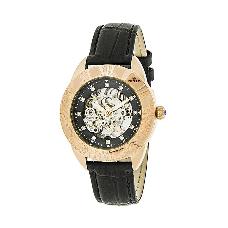Empress Godiva White Mother of Pearl Dial Black Leather Strap Automatic Ladies Watch EM1107