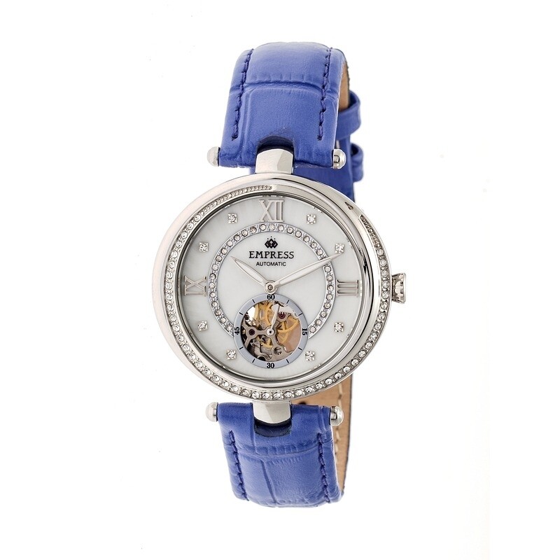 Empress Stella Silver Semi-Skeleton Dial Silver-tone Case Blue Leather Strap Automatic Ladies Watch EM2103