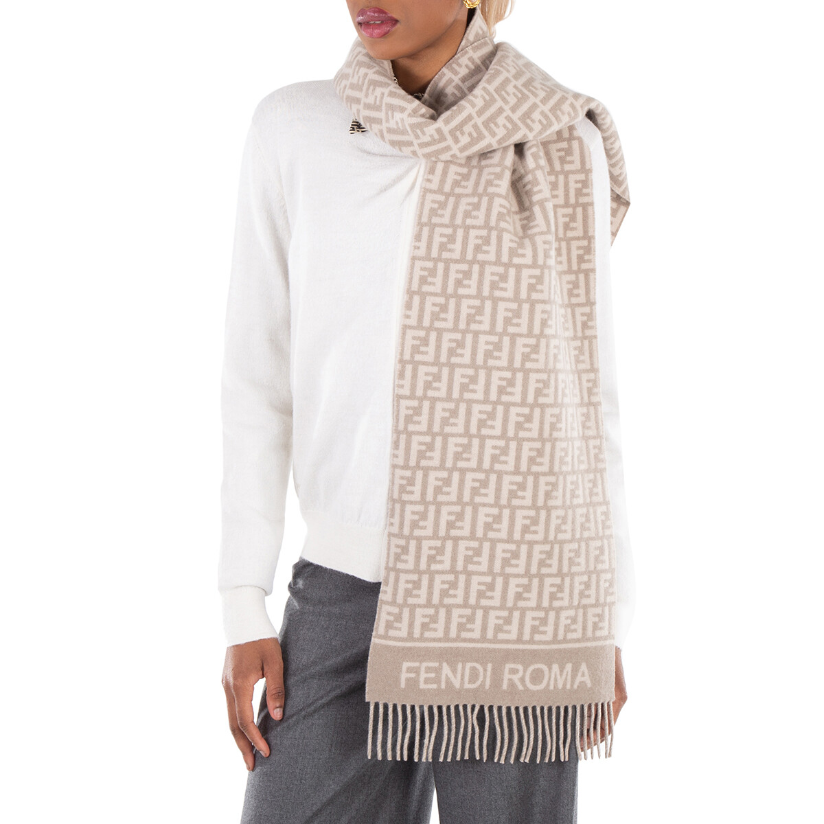 Fendi Jacquard Fringed Edges Cashmere Scarf FXT260-AIX5